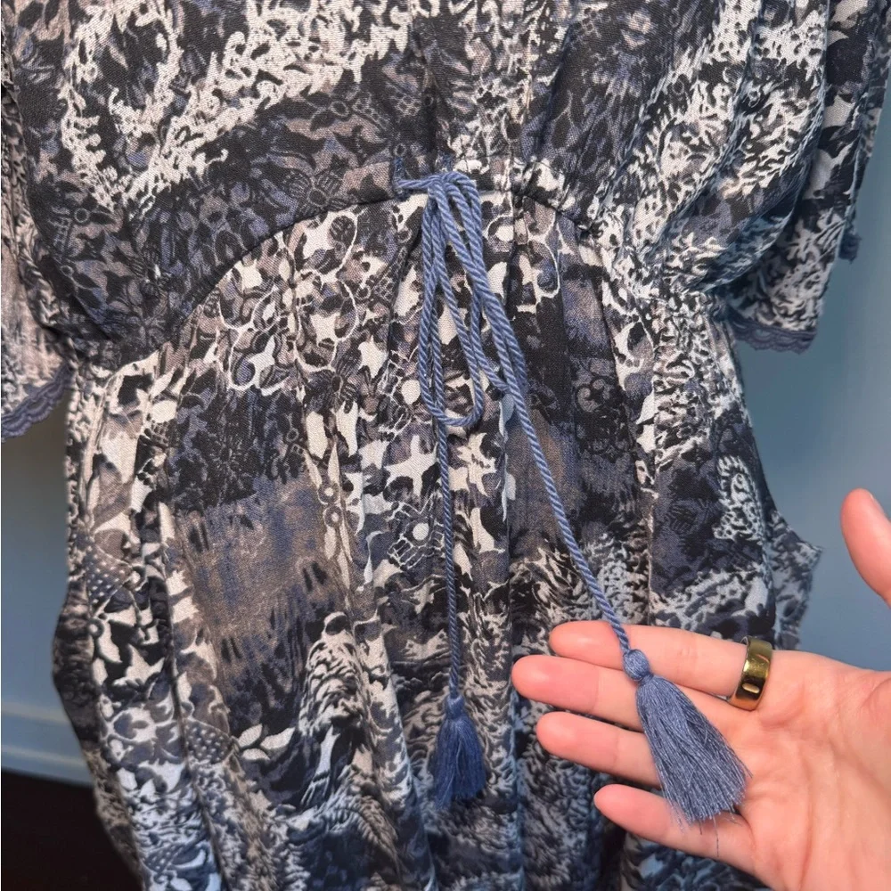 Free People Midnight Blue, White & Gray Patterned Mini Dress w Waist Tie - Small - Picture 14 of 16